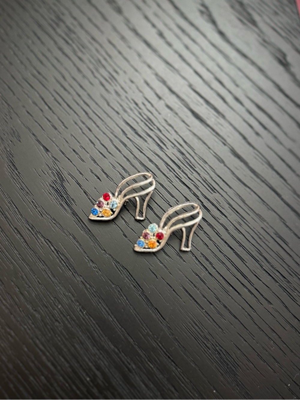 Silver High Heel Stud brooches with Multicolor Gems set of Two